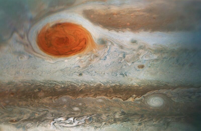 Enhanced image of Jupiter’s Great Red Spot, as seen from a Juno flyby in 2018. The Red Spot we see today is likely not the same one famously observed by Cassini in the 1600s.