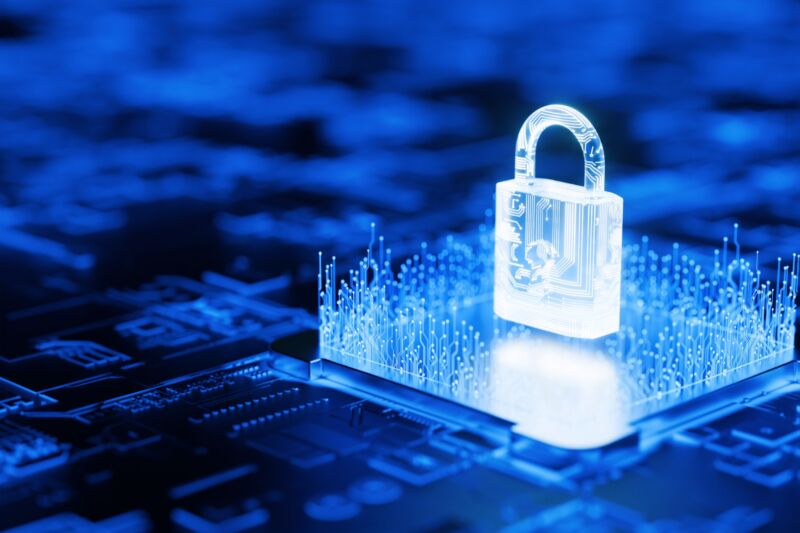 Illustration of a padlock and circuit board to represent network security