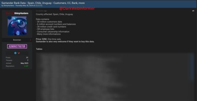 Post by ShinyHunters seeking $2 million for Santander data.