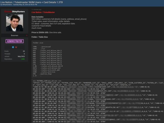 Post by ShinyHunters seeking $500,000 for Ticketmaster data.