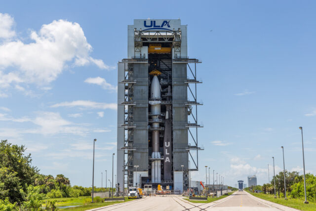 An Atlas V rocket is fully stacked inside ULA's hangar at Cape Canaveral Space Force Station, Florida, ahead of the rocket's final mission for the US Space Force.