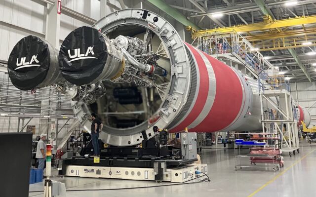 Two BE-4 engines installed on ULA's third Vulcan rocket, slated to launch before the end of the year on a mission for the US Space Force.