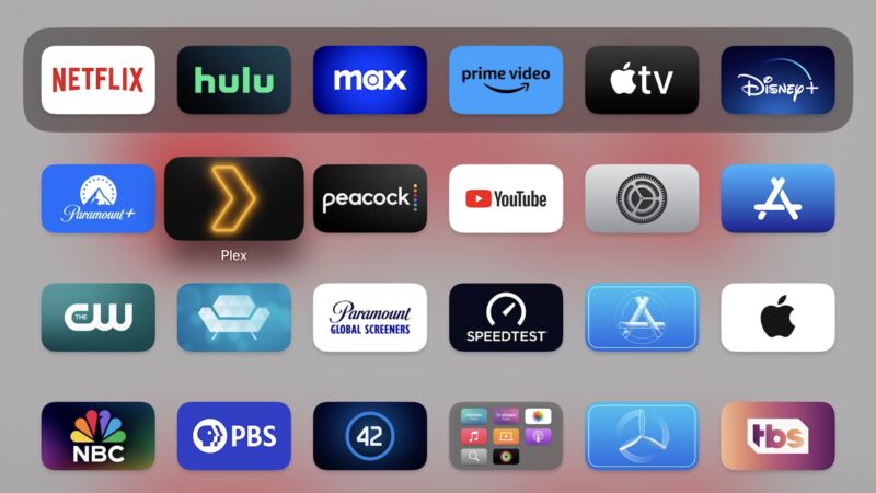 A screenshot of tvOS 17. Recent betas have included evidence that Apple is working on a touchscreen-enabled version of the interface.