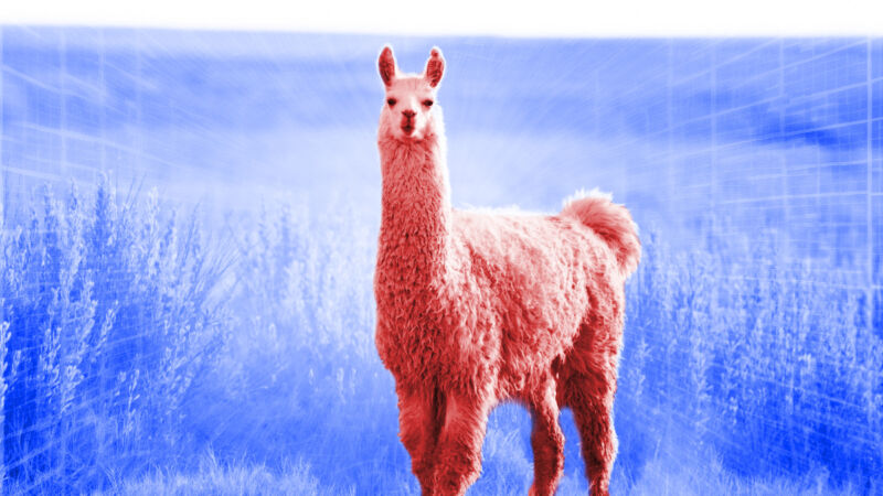 A red llama in a blue desert illustration based on a photo.