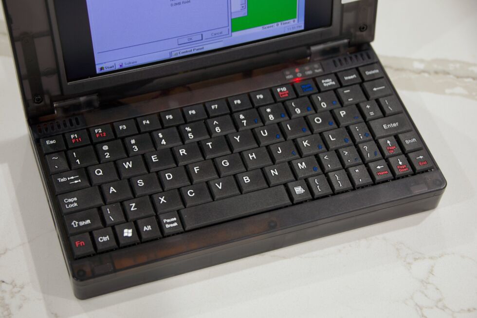 A close-up of the Pocket 386's tiny keyboard.