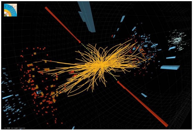 A collision between subatomic particles in the Large Hadron Collider's CMS detector.