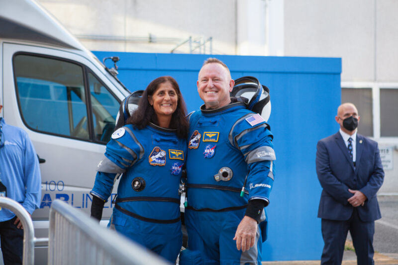 NASA astronauts Suni Williams and Butch Wilmore, seen in their Boeing flight suits.