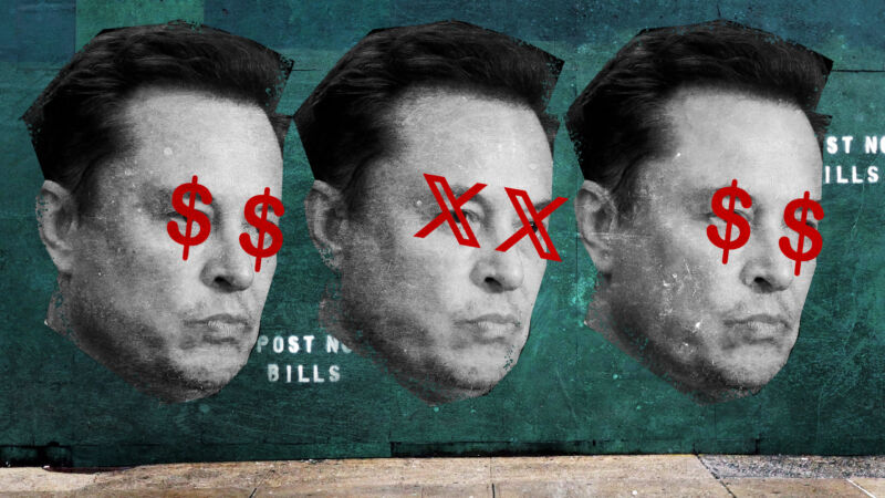 Illustration with three pictures of Elon Musk. In two of the photos there are dollar signs over Musk's eyes, in the other photo there are X logos instead.