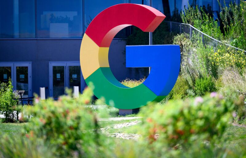 A large Google logo in the shape of a multi-colored G is seen outside Google's Mountain View offices.