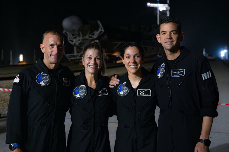 The crew of Polaris Dawn, from L to R: Scott "Kidd" Poteet, Anna Menon, Sarah Gillis, and Jared Isaacman.