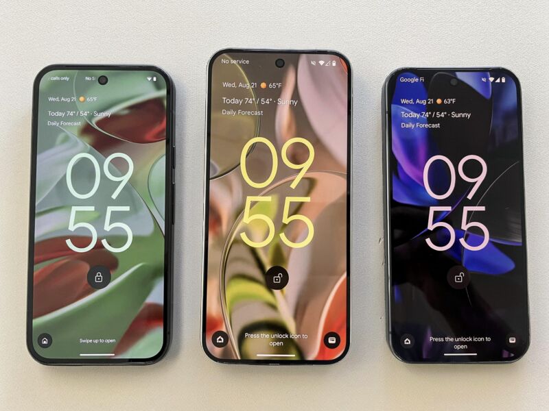 Pixel 9, 9 Pro XL, and 9 Pro, left to right, lined up on neutral paper