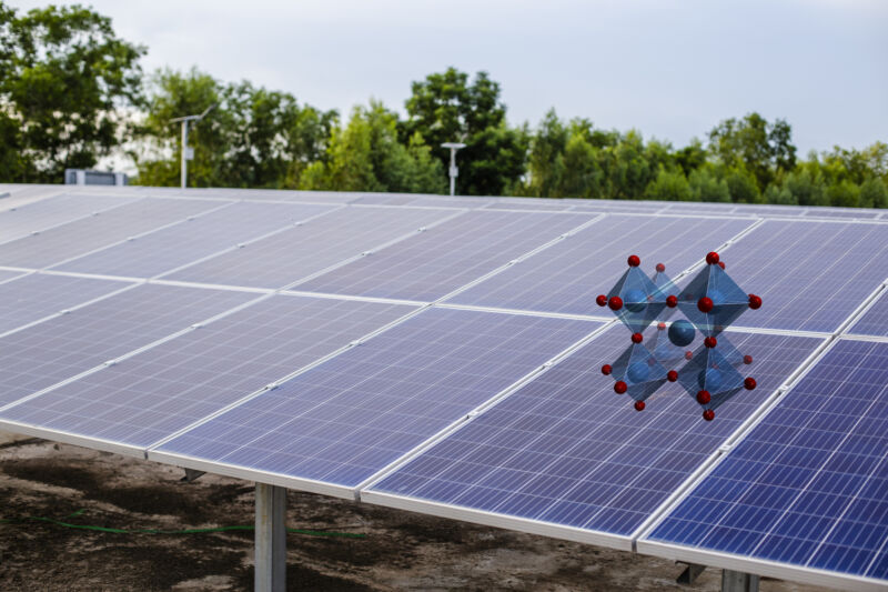 Solar panels with green foliage behind them, and a diagram of a chemical's structure in the foreground.