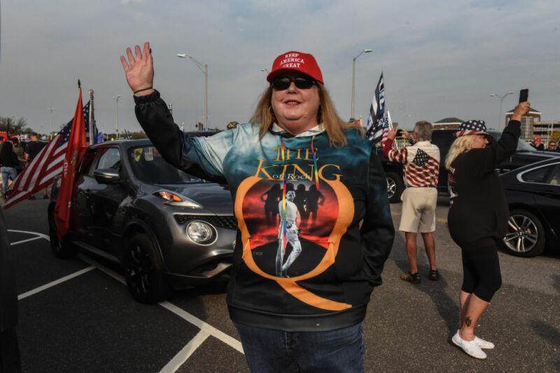 A woman wearing a sweatshirt for the QAnon conspiracy theory on October 11, 2020 in Ronkonkoma, New York. 