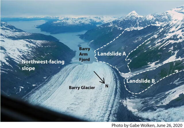 Landslide-affected slopes around Barry Arm fjord, Alaska. If the slopes suddenly collapse, scientists fear a large tsunami would hit the town of Whittier, 48km away.