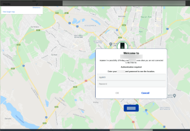 Phishing message masquerades as a cloud-based service with a map once passcode is entered.