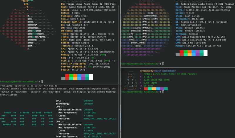 Four terminal windows open to different system information fetching tools