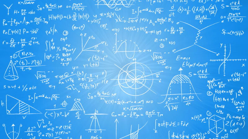 Blackboard equations on a blue background.