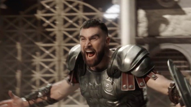 Travis Kelce in a Pepsi ad dressed as a Gladiator