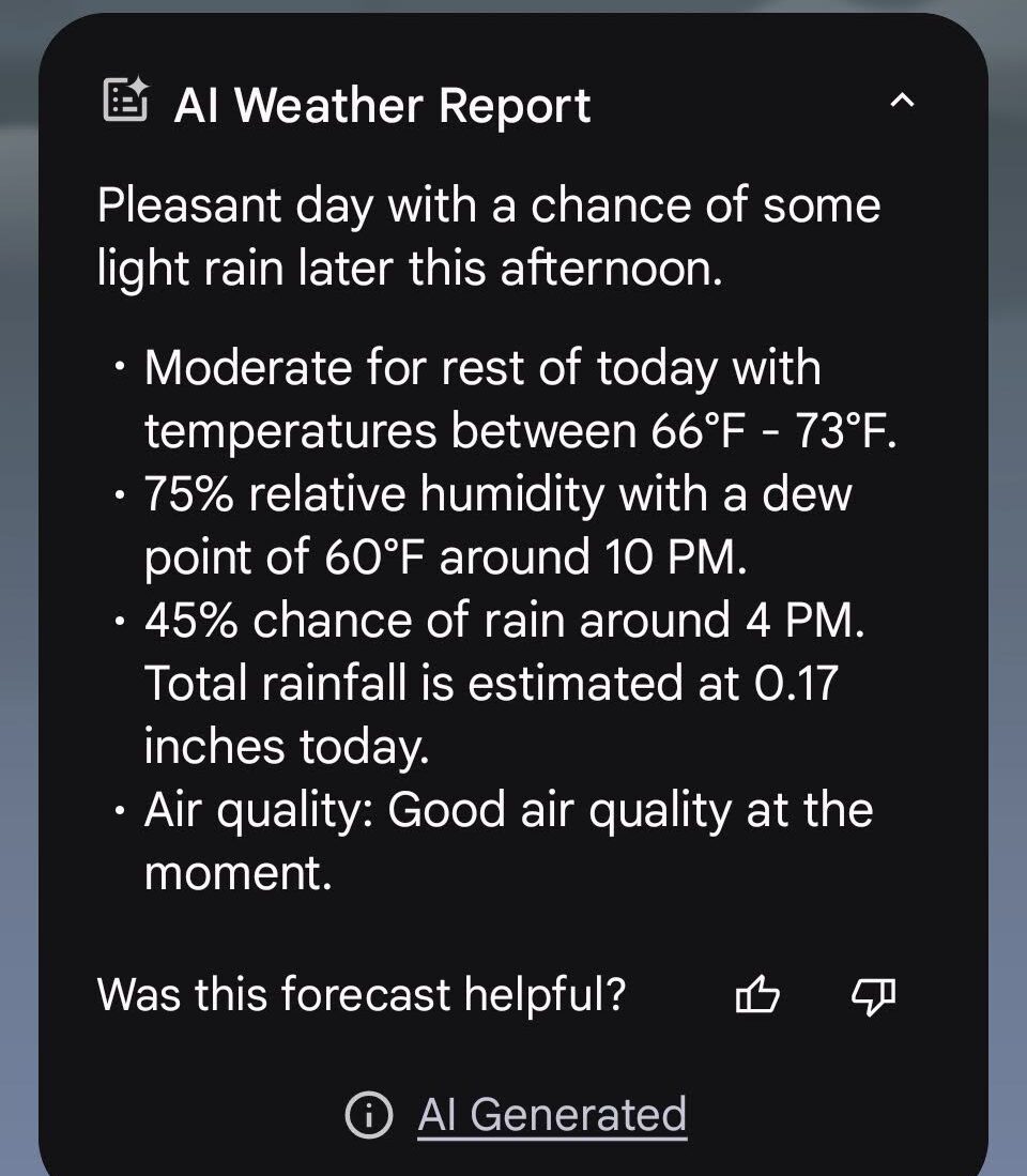 An AI weather report, expanded to read "Pleasant day with a chance of some light rain later this afternoon," along with text descriptions of humidity, temperatures, and other weather factors for Buffalo, NY.