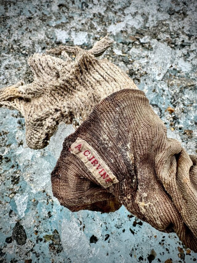 Closeup of a sock embroidered with "A.C. Irvine" discovered on the Central Rongbuk Glacier below Everest's North Face