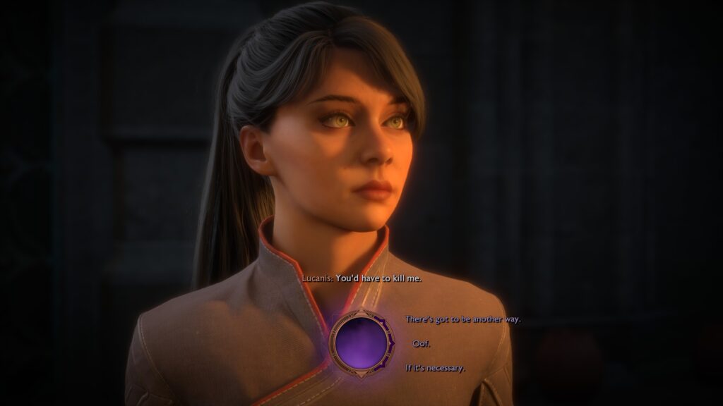 One version of the protagonist in Dragon Age The Veilguard, with a dialogue wheel showing options