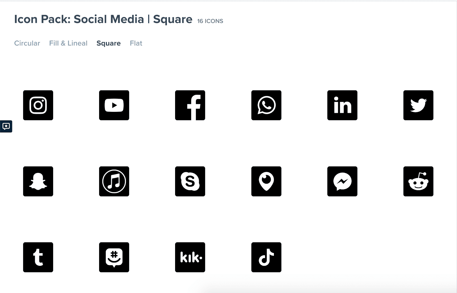 Collection of white social media icons on black square backgrounds.