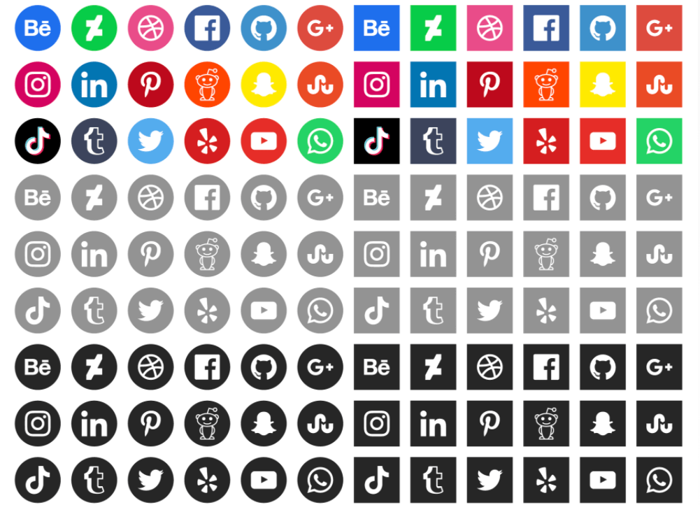 Comprehensive set of social media icons available in colorful, grayscale, and black-and-white variants