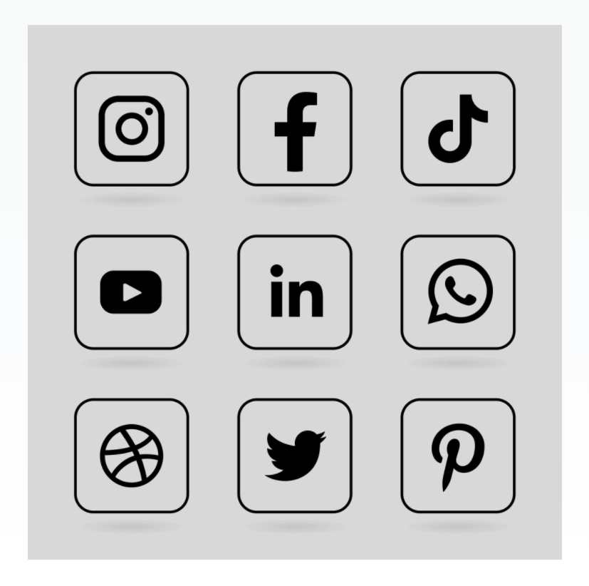 Set of monochrome social media icons with lined square frames on gray background