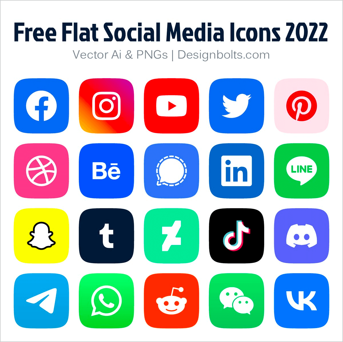 Collection of flat-design social media icons in rounded squares with traditional brand colors.