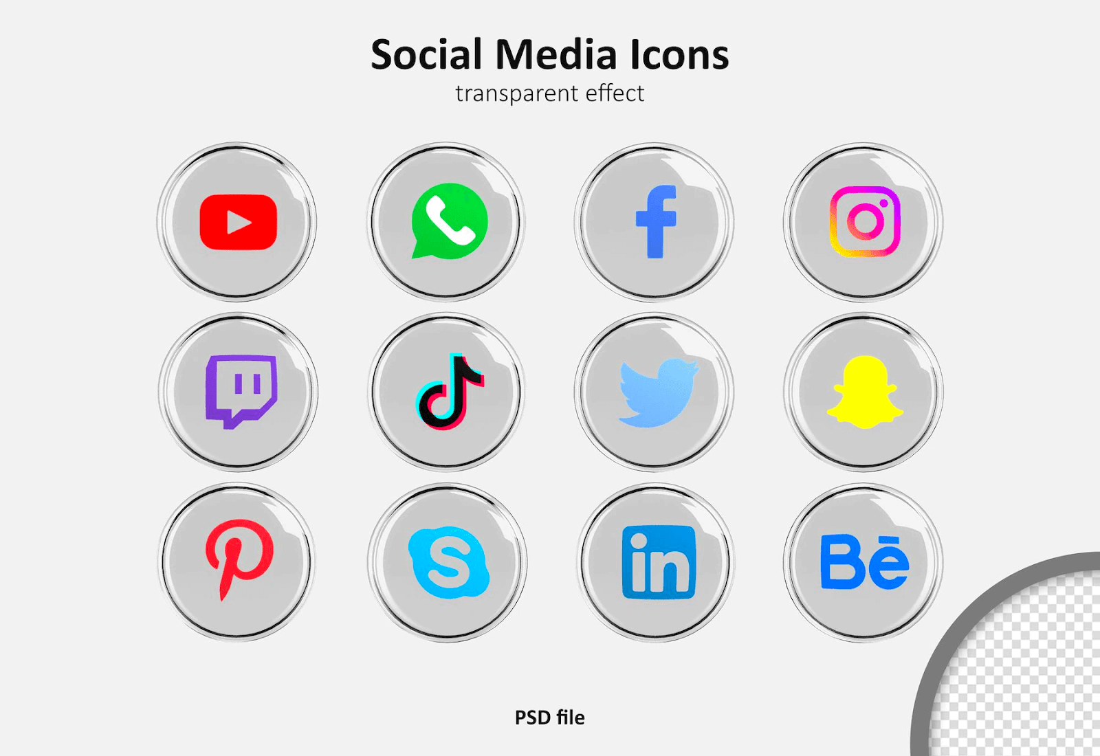 Set of social media icons with 3D transparent button effect.