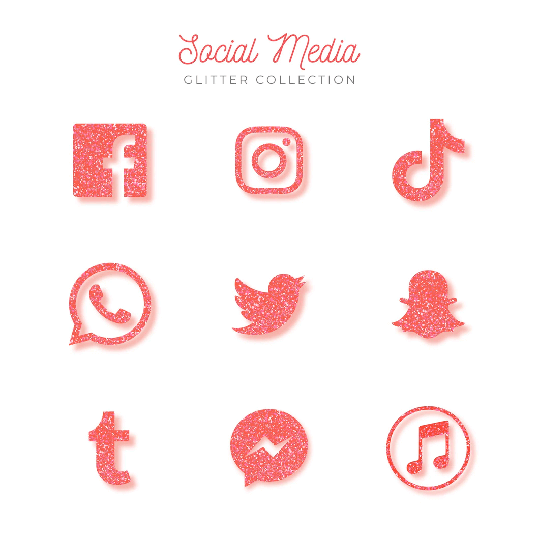 Collection of social media icons with pink glitter effect.