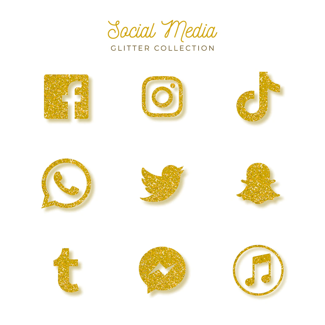 Set of social media icons with gold glitter effect.