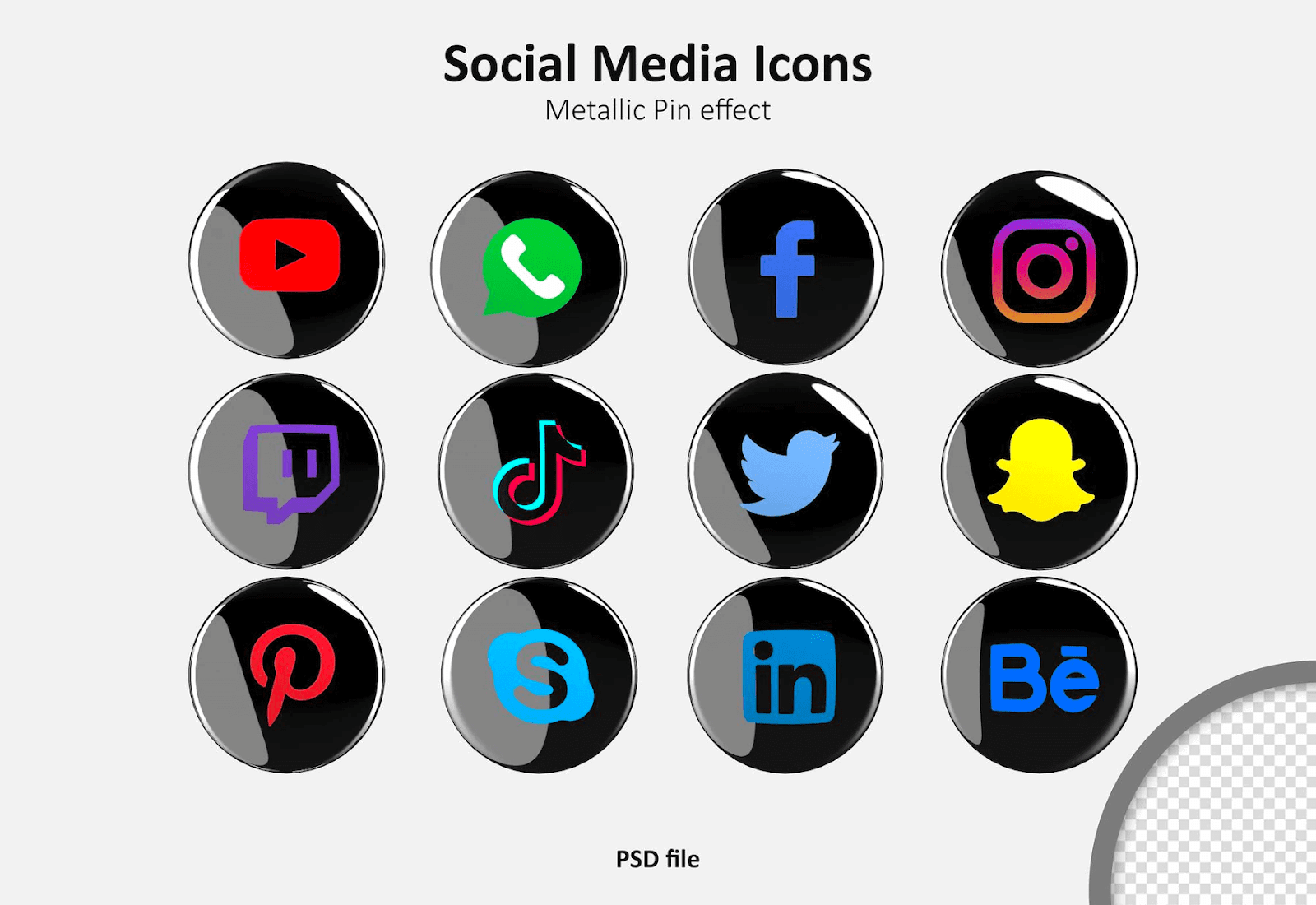 Collection of social media icons designed to look like metallic pins.