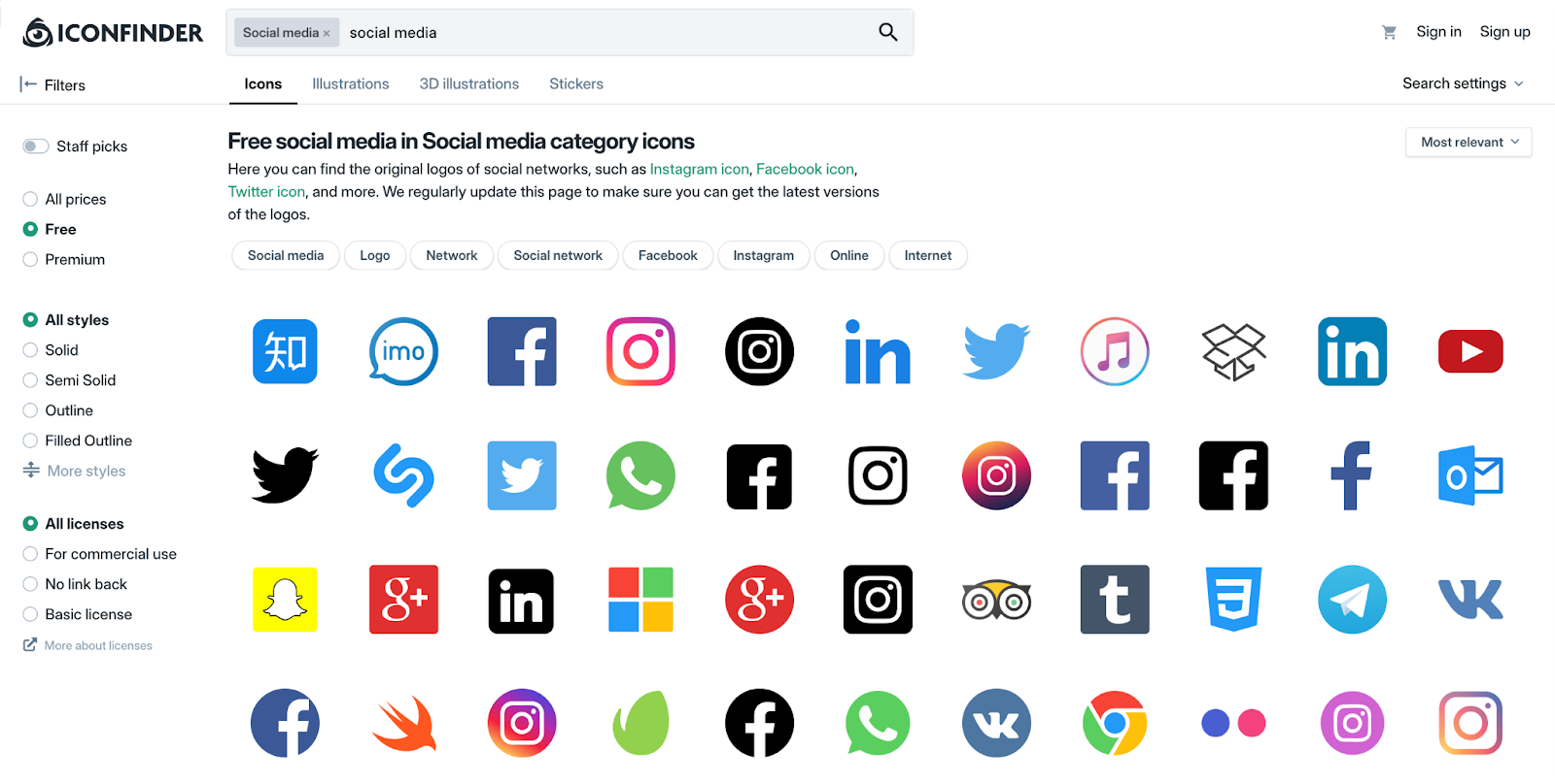 Iconfinder search results displaying various social media icon sets with different styles and color schemes.