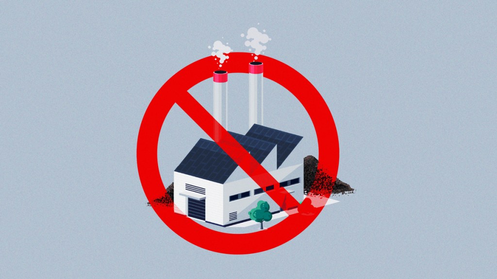 a factory with two chimneys spewing smoke with a no symbol over it