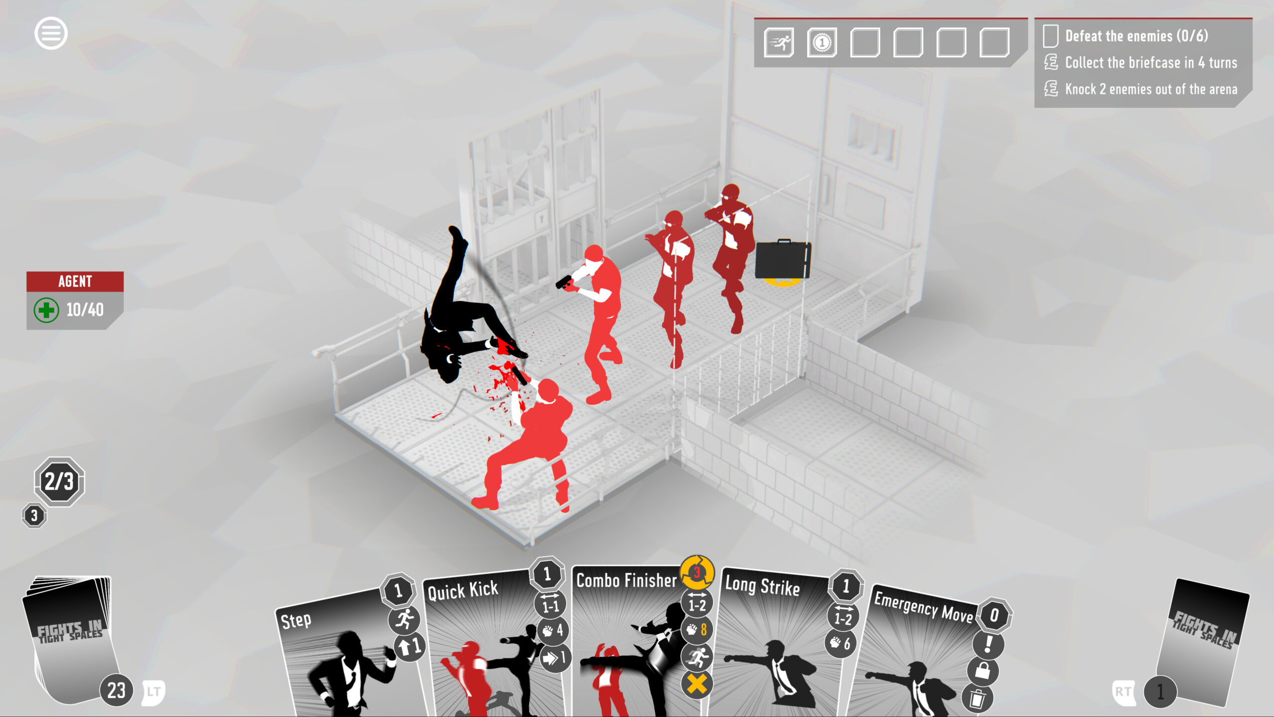 A black-colored figure does a backwards flip kick on a red goon holding a gun, while three other red and maroon goons point guns at him from a perpendicular angle, inside a grayscale room.