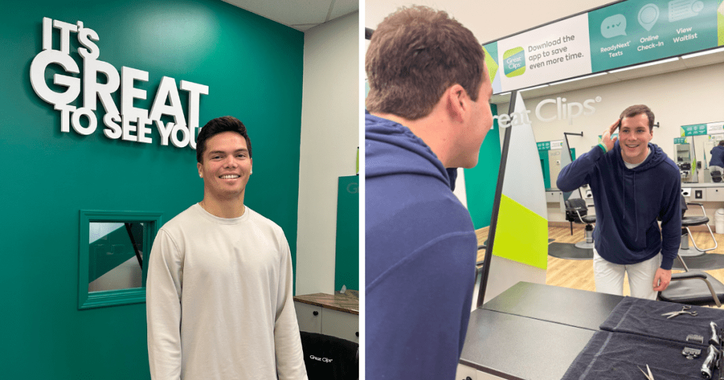 Dillon Gabriel and Riley Leonard pose for Great Clips
