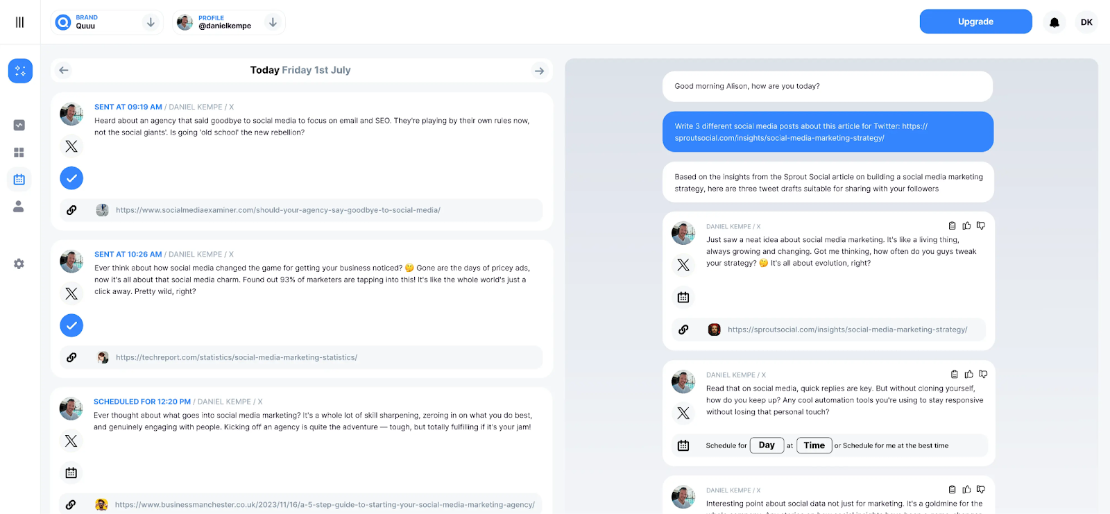Quuu dashboard featuring the AI assistant creating an X post based on curated content.