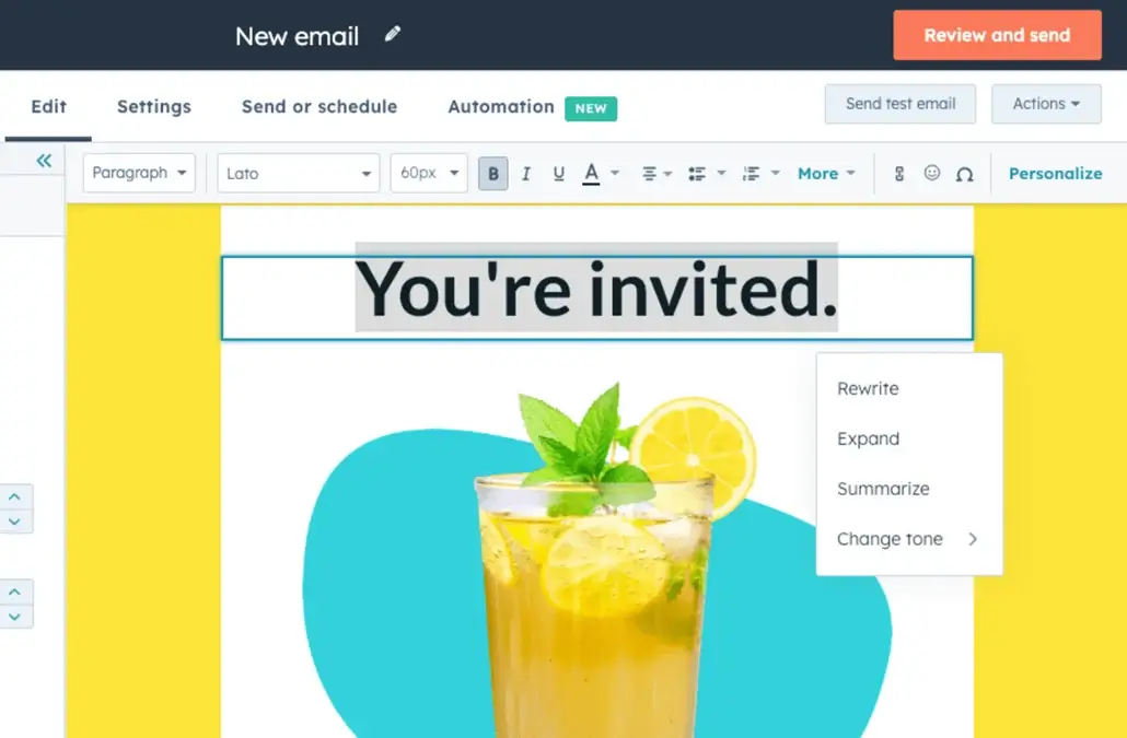 AI email editing features in Hubspot.