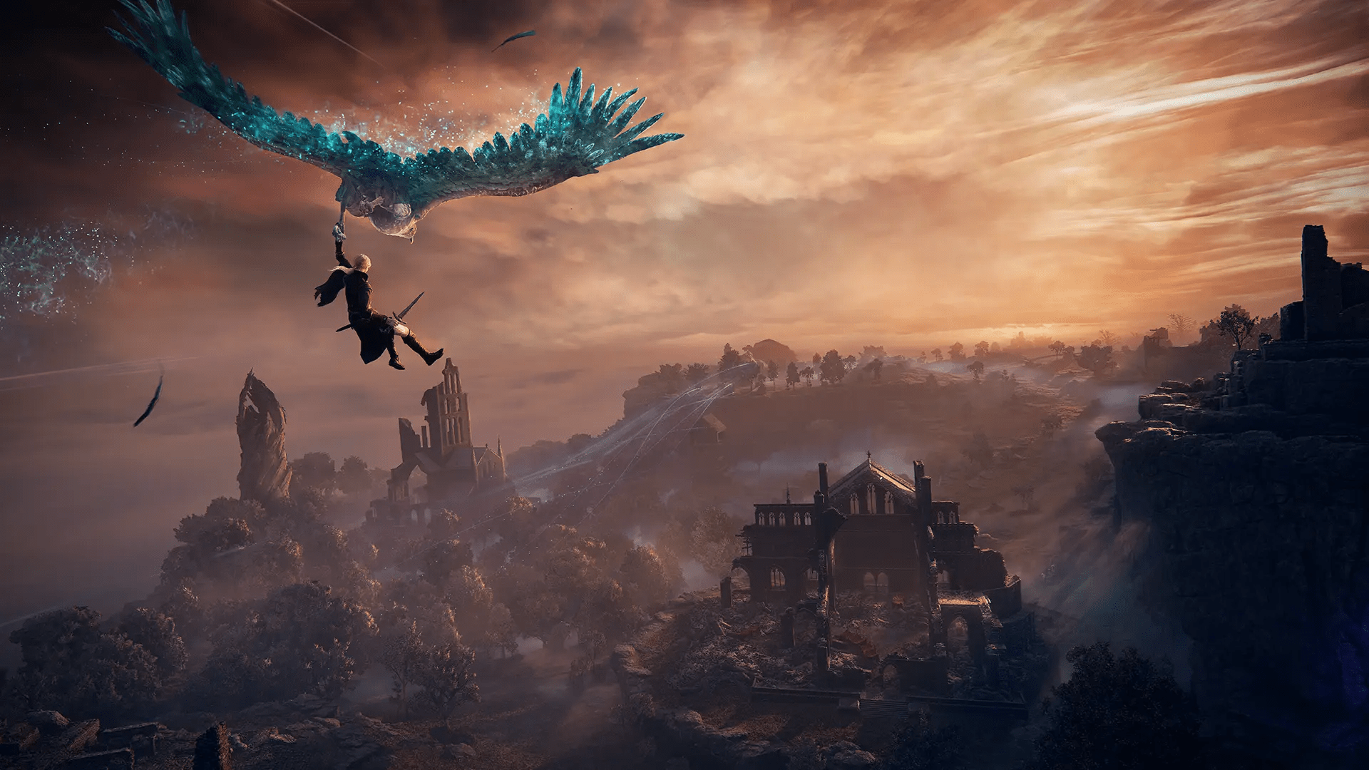 Screenshot from Elden Ring Nightreign featuring a Nightfarer flying in the grasp of a spectral hawk over the ruins of Limveld.