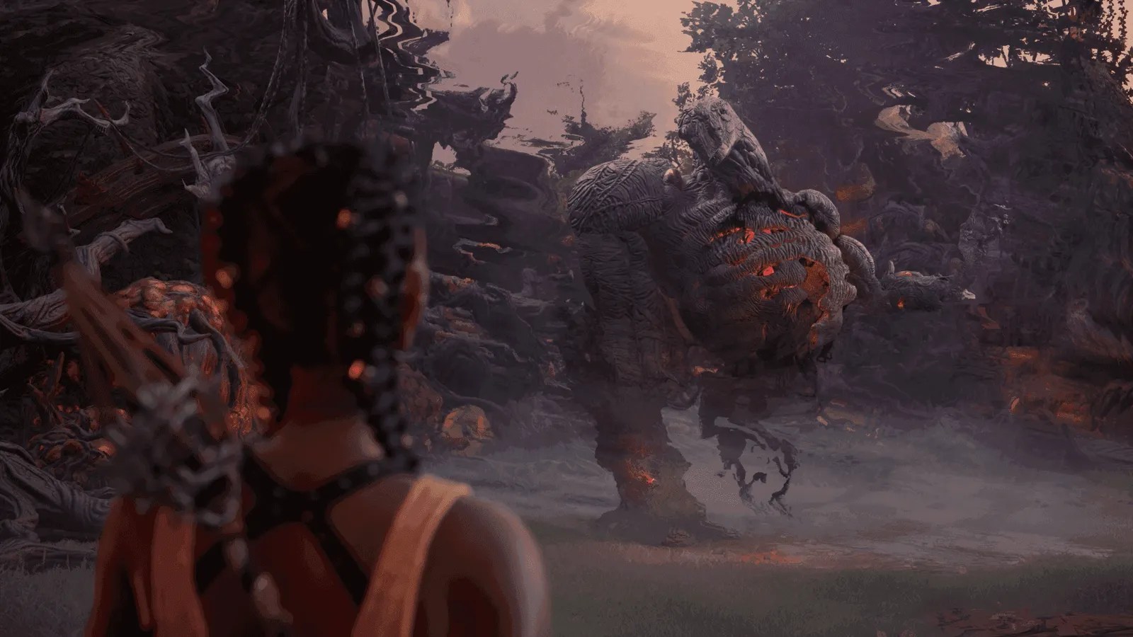 Screenshot from South of Midnight featuring the main character Hazel staring down a monstrous Haint creature.