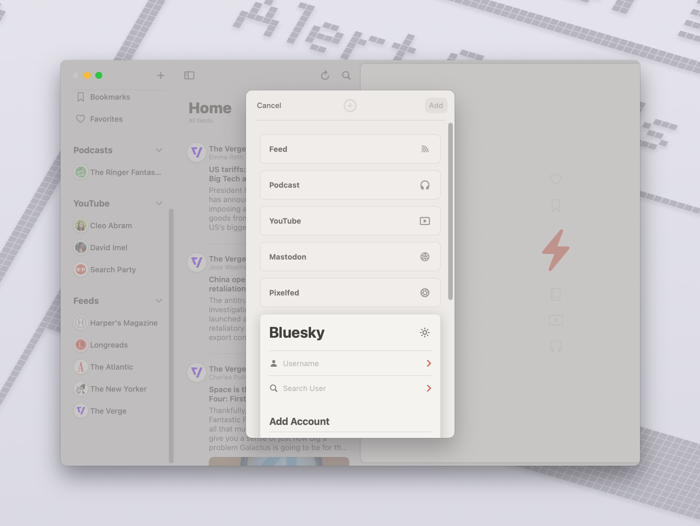 A screenshot of the Reeder app, showing how to add feeds.