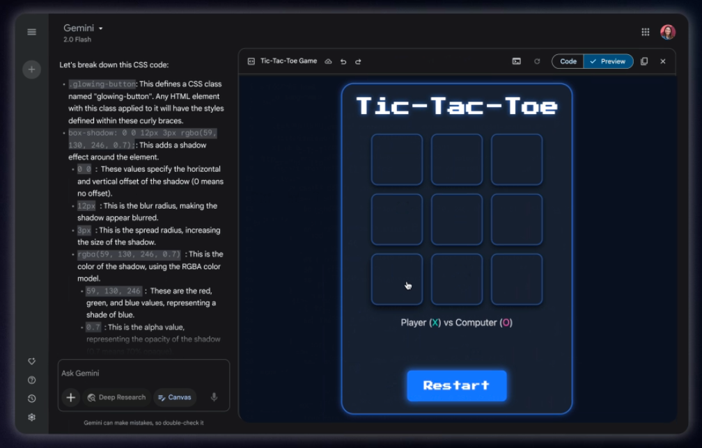 Gemini Canvas with tic-tac-toe game