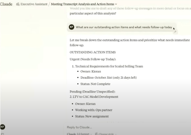 Questions to Ask Your Claude Executive Assistant: “What are our outstanding action items and what needs to follow-up today?”
