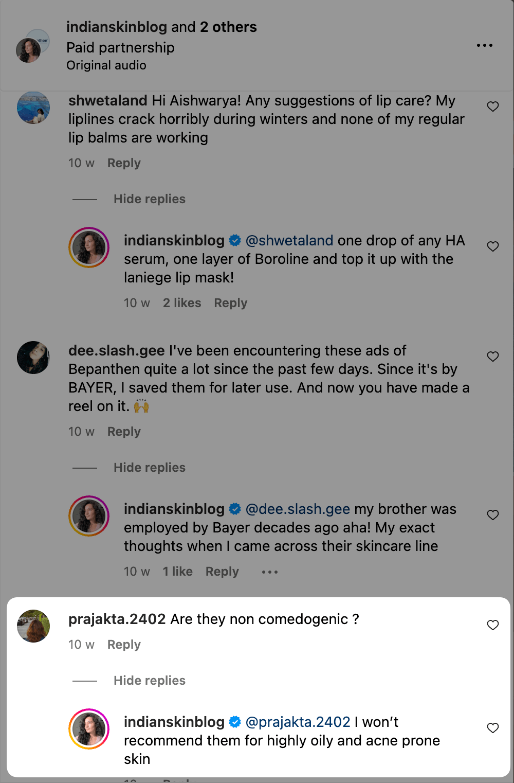 Screenshot of Aishwarya Kandpal's comments on Instagram