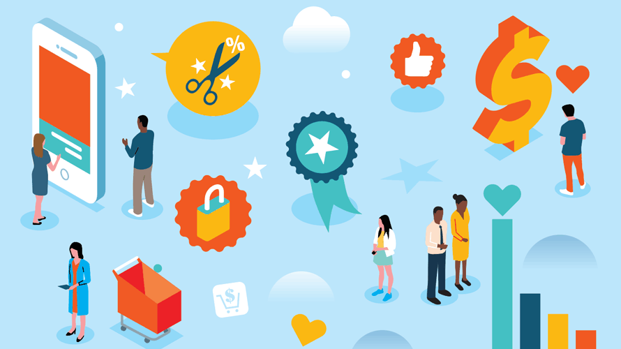 Illustration of consumers and shopping-related imagery.