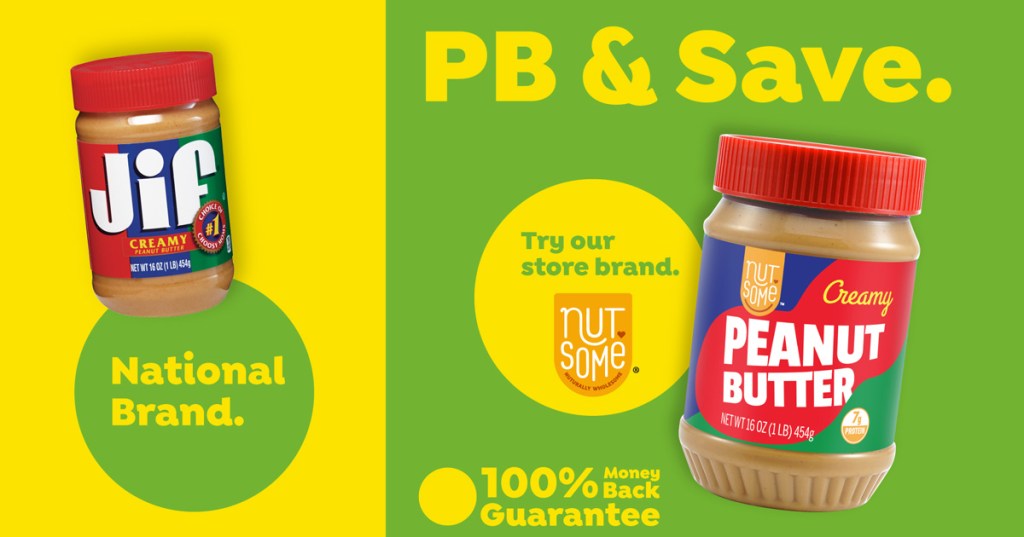 a jar of Jif peanut butter and a jar of generic peanut butter from Save a Lot