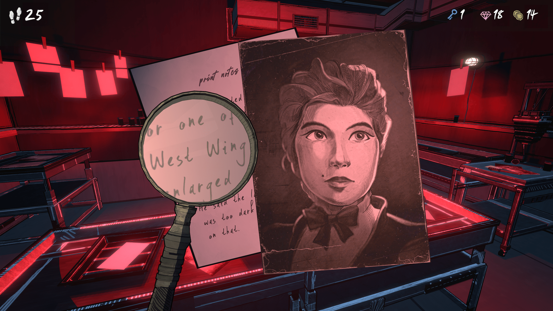 Screenshot from Blue Prince featuring a photograph of a woman next to a note with the text “West Wing” magnified by a magnifying glass.