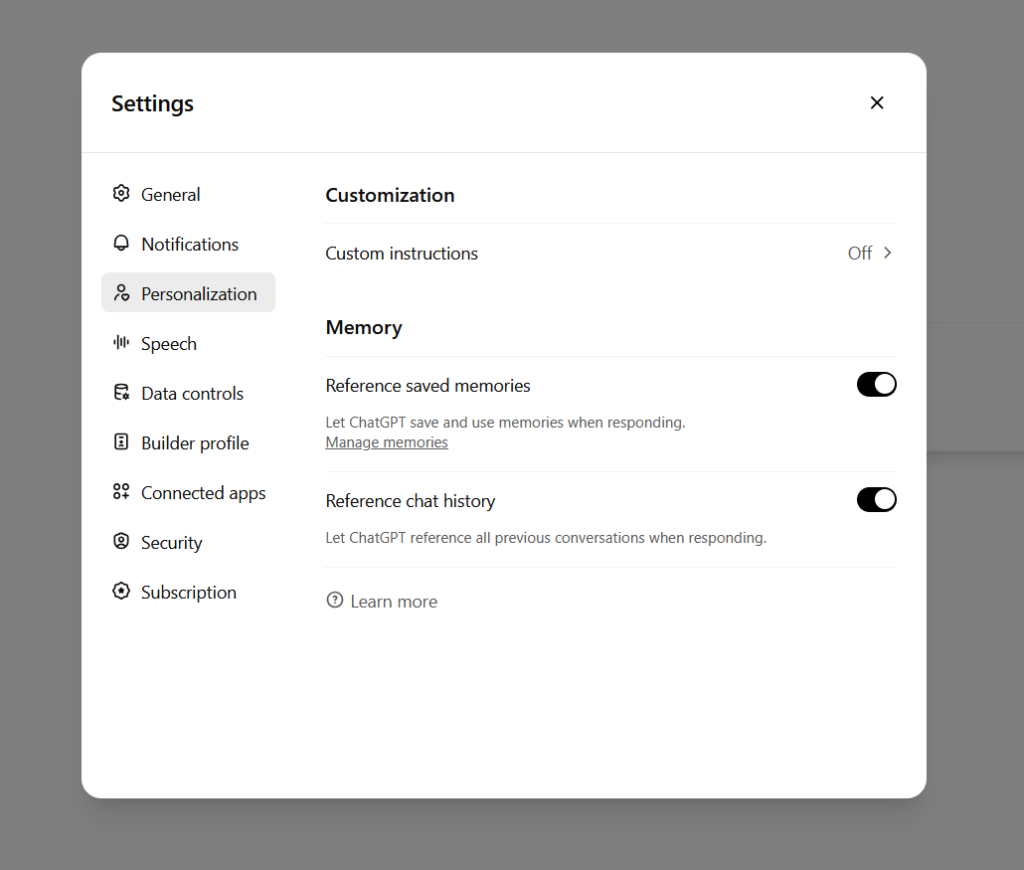 A menu showing two memory toggle buttons
