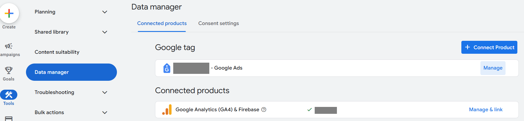 Google Ads data manager settings.